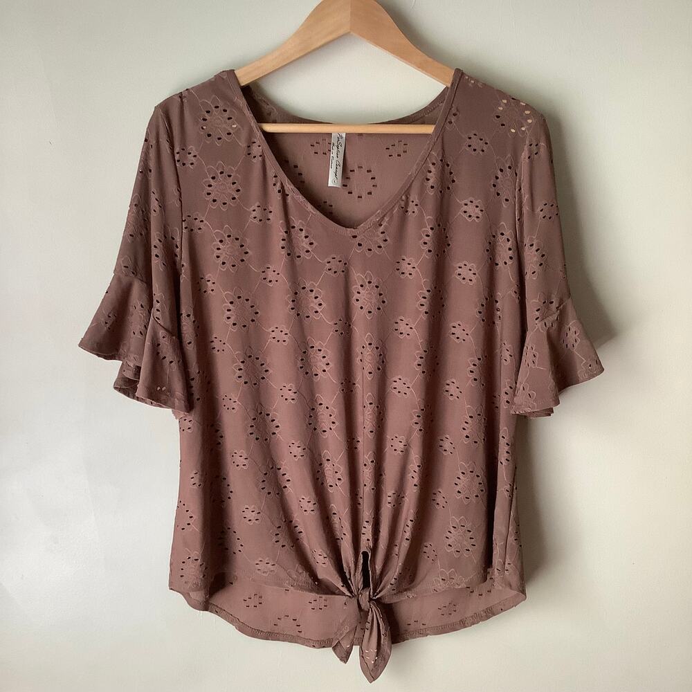 PerSeption Concept Womens Eyelet Cutout Short Sleeve V-Neck Twist Tie Front Top